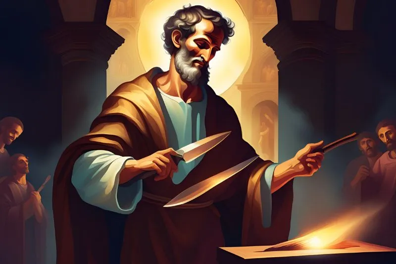Os Símbolos dos Apóstolos | Evangelho no Lar simbolos-dos-apostolos-Bartolomeu-Natanael-simbolo-Faca-ou-Facao-800x533 Bartolomeu é frequentemente representado com uma faca ou facão, que simboliza o método brutal de seu martírio, onde foi esfolado vivo antes de ser executado. Este símbolo destaca sua coragem e resistência diante da perseguição por sua fé em Cristo.