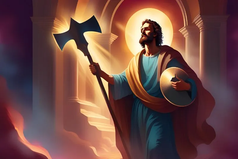 Os Símbolos dos Apóstolos | Evangelho no Lar Judas Tadeu é frequentemente representado com um machado ou martelo, simbolizando seu martírio por meio de uma execução violenta, conforme a tradição cristã. Esses emblemas refletem a brutalidade de sua morte e seu testemunho de fé inabalável.
simbolos-dos-apostolos-Judas-Tadeu-simbolo-Machad-Martelo-800x533