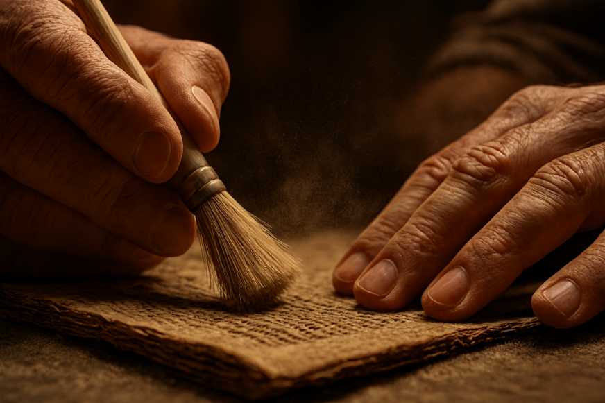 Qual o melhor curso online de Bíblia? | Evangelho no Lar Close em mãos de um pesquisador analisando um fragmento de manuscrito antigo com pincel.