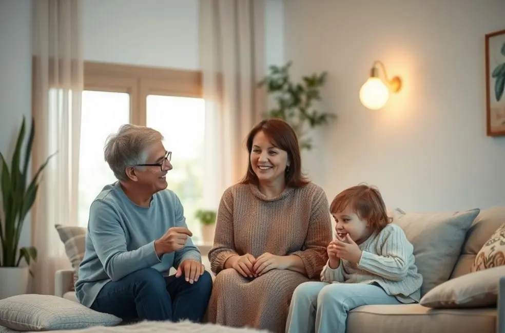 Ambiente familiar sereno com música instrumental