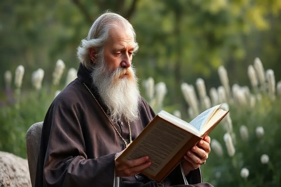 São Bento orando em um ambiente tranquilo.