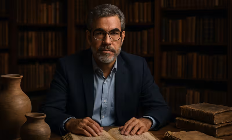 O Curso do Rodrigo Silva une o rigor científico da arqueologia com a profundidade da teologia bíblica. Curso Rodrigo Silva em um estúdio moderno com livros antigos e artefatos arqueológicos ao fundo.