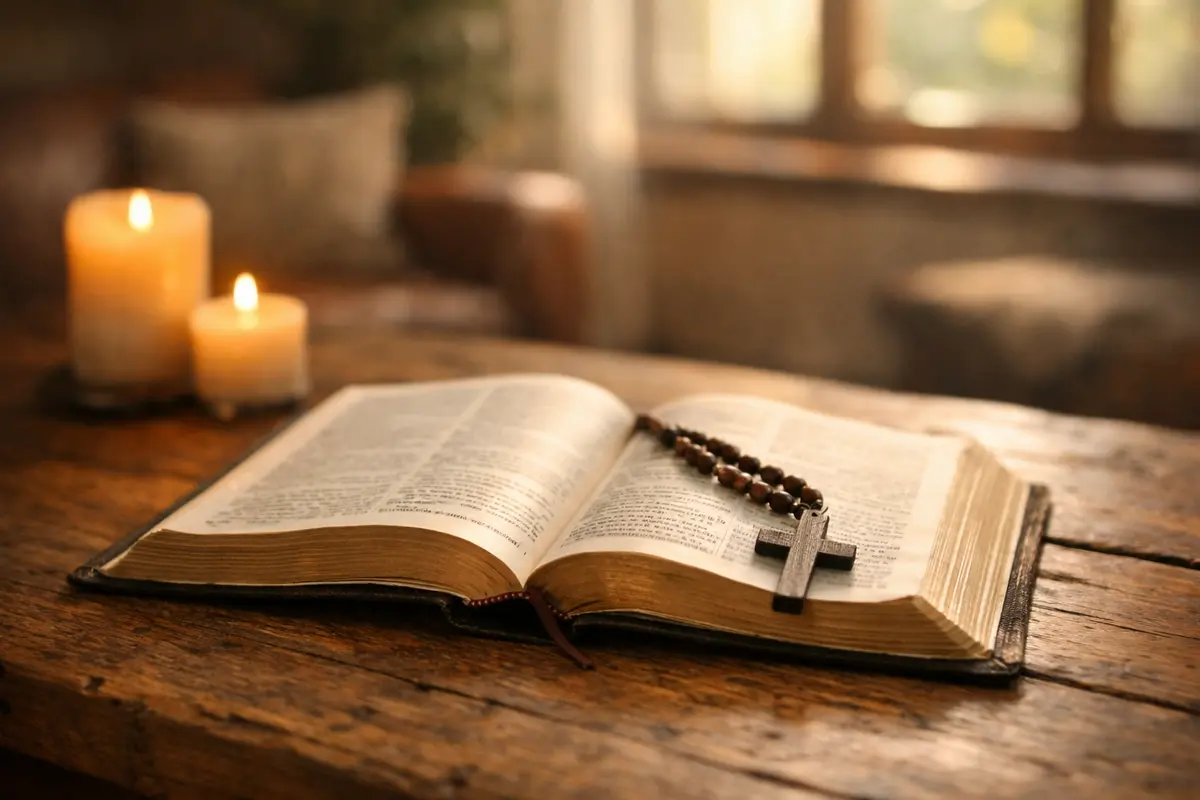 Oração do Credo Completa com Bíblia aberta na mesa de madeira com cruz ao lado luz natural e vela acesa